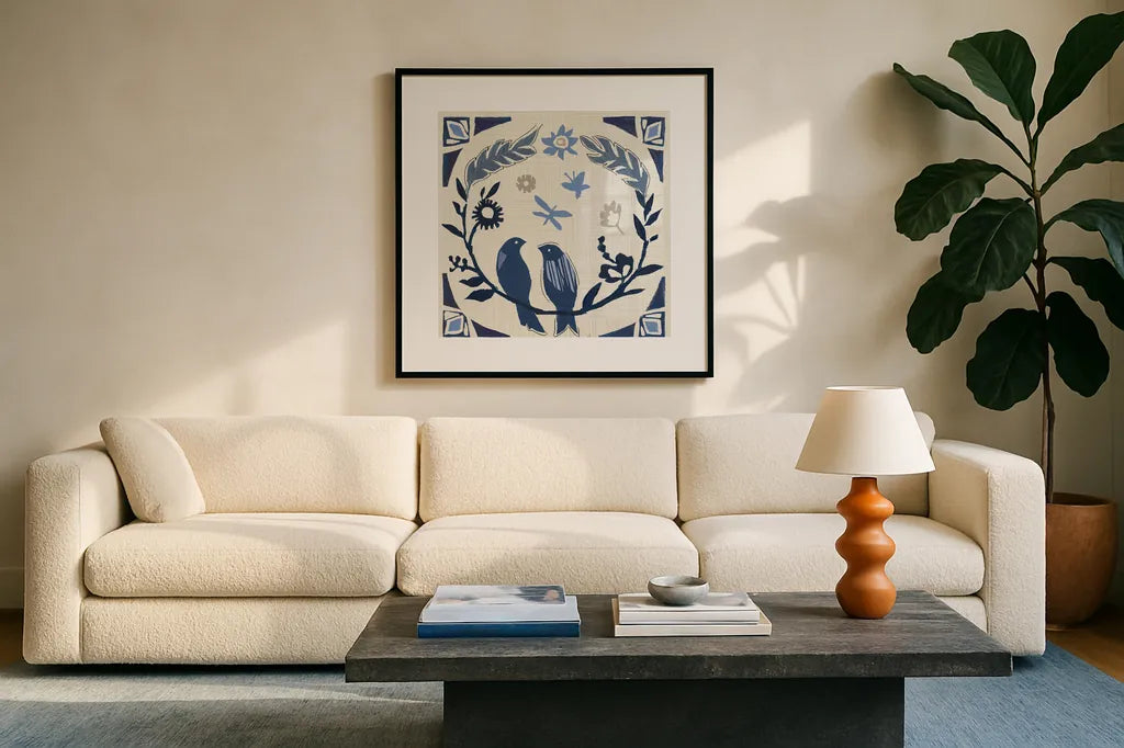 Desert Flair III by Daphne Brissonnet. Displayed in a glass frame with matte in a clean modern living room. Available as an archival giclee rolled canvas, fine art paper, or poster print. SKU 62046a.
