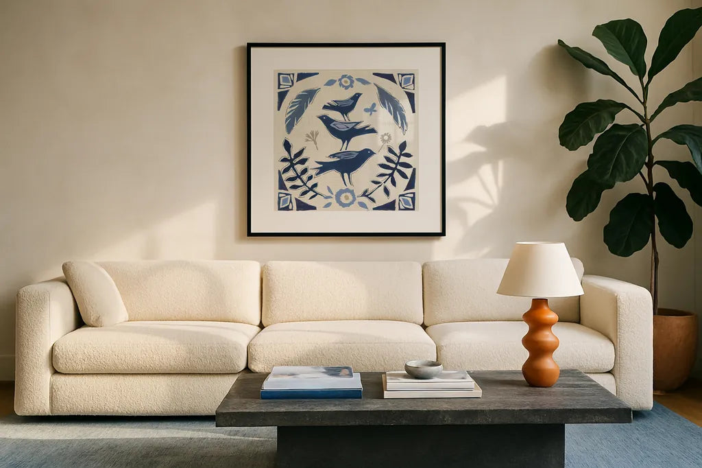 Desert Flair IV by Daphne Brissonnet. Displayed in a glass frame with matte in a clean modern living room. Available as an archival giclee rolled canvas, fine art paper, or poster print. SKU 62047a.