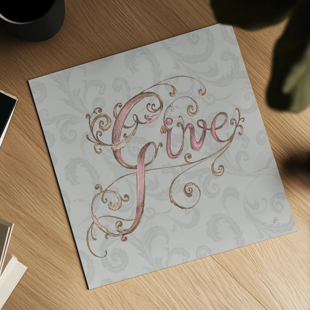 Elegant Season Give Grey Pink by Daphne Brissonnet. Shown as a detailed flat fine art print, highlighting archival giclee quality. Available as an archival giclee rolled canvas, fine art paper, or poster print. SKU 76415a.