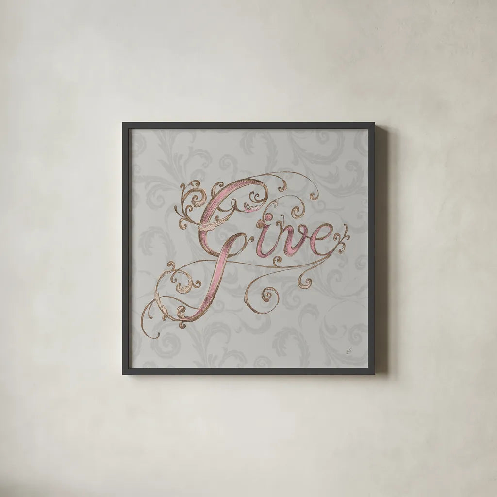 Elegant Season Give Grey Pink by Daphne Brissonnet. Shown in a sleek black glass frame for a contemporary gallery look. Available as an archival giclee rolled canvas, fine art paper, or poster print. SKU 76415a.