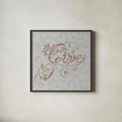 Elegant Season Give Grey Pink by Daphne Brissonnet. Shown in a sleek black glass frame for a contemporary gallery look. Available as an archival giclee rolled canvas, fine art paper, or poster print. SKU 76415a.