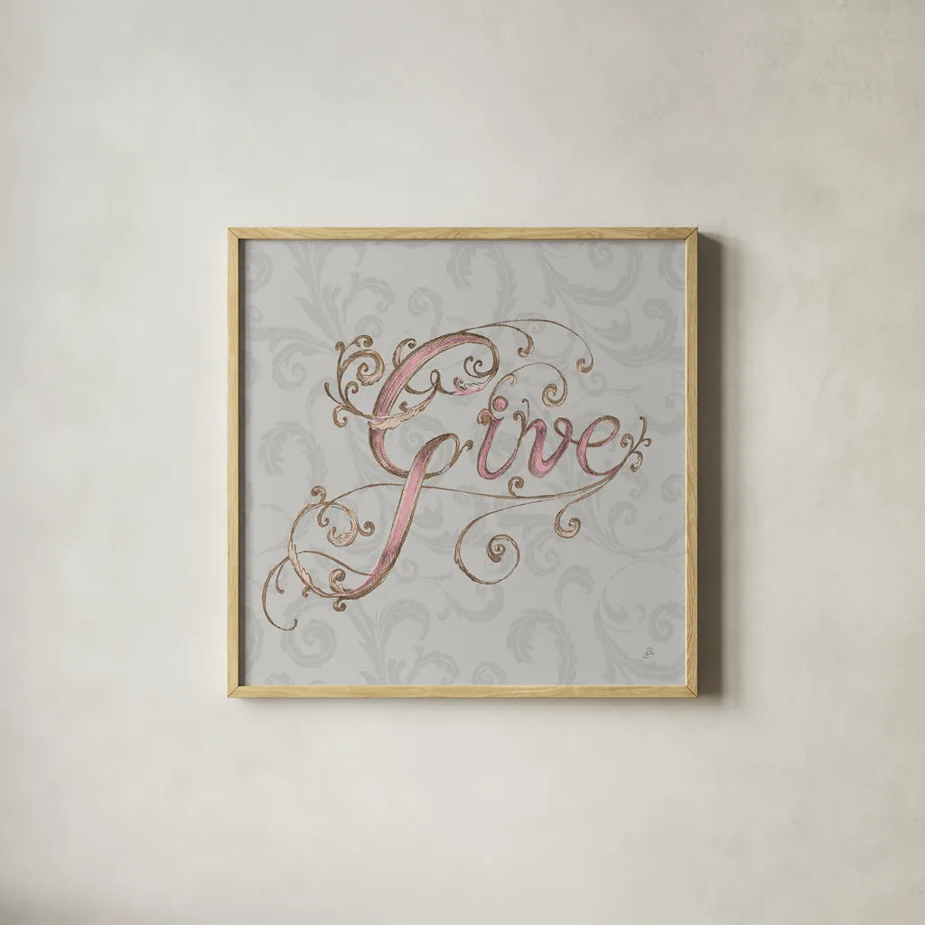 Elegant Season Give Grey Pink by Daphne Brissonnet. Shown in a natural wood glass frame for a timeless modern aesthetic. Available as an archival giclee rolled canvas, fine art paper, or poster print. SKU 76415a.