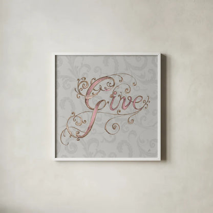 Elegant Season Give Grey Pink by Daphne Brissonnet. Shown in a crisp white glass frame for a clean and minimalist style. Available as an archival giclee rolled canvas, fine art paper, or poster print. SKU 76415a.