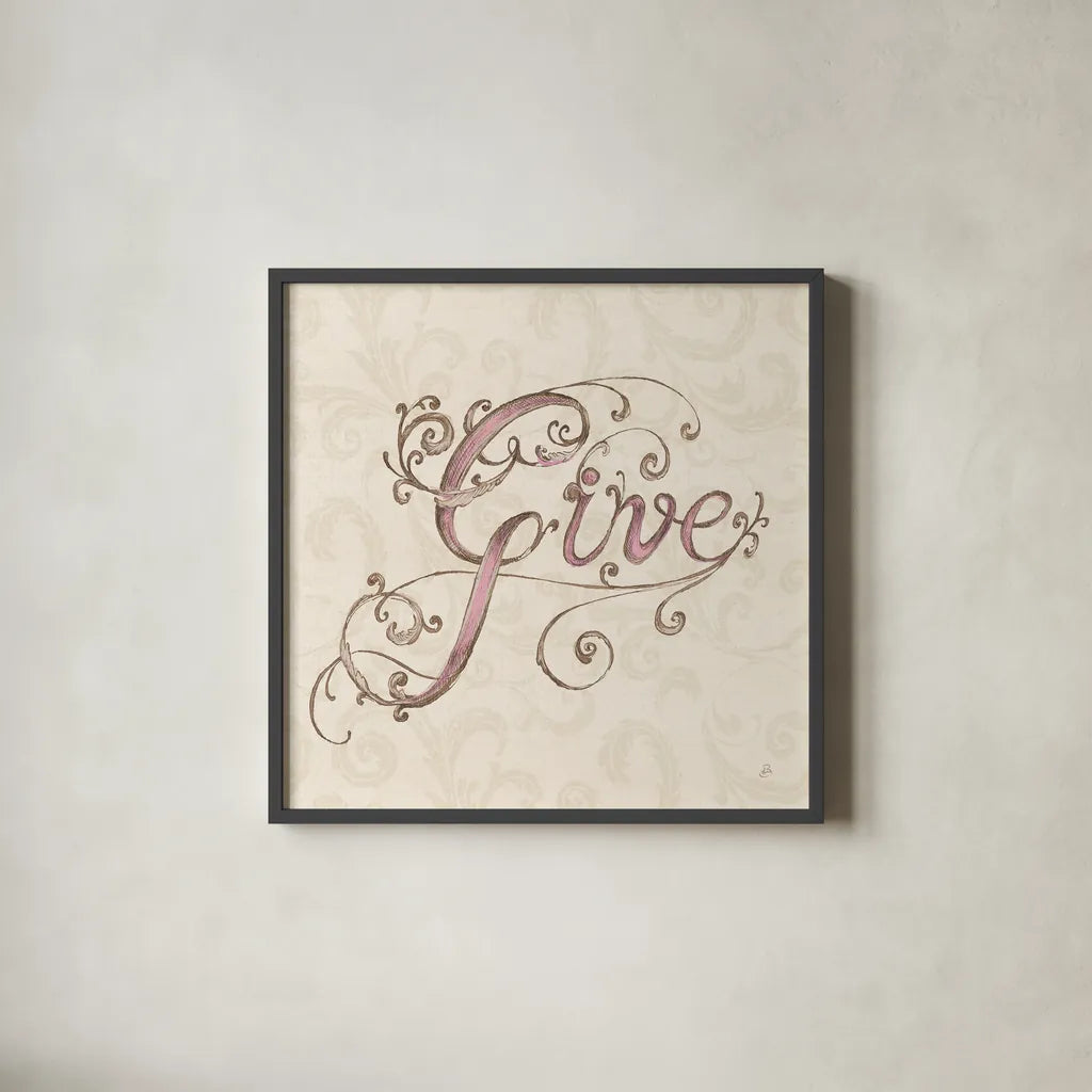 Elegant Season Give Pink by Daphne Brissonnet. Shown in a sleek black glass frame for a contemporary gallery look. Available as an archival giclee rolled canvas, fine art paper, or poster print. SKU 76414a.