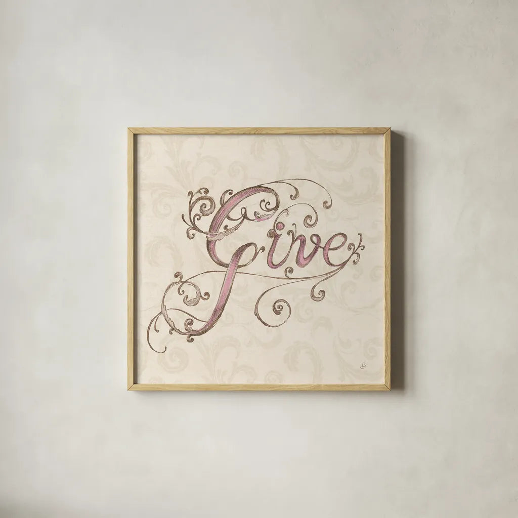 Elegant Season Give Pink by Daphne Brissonnet. Shown in a natural wood glass frame for a timeless modern aesthetic. Available as an archival giclee rolled canvas, fine art paper, or poster print. SKU 76414a.