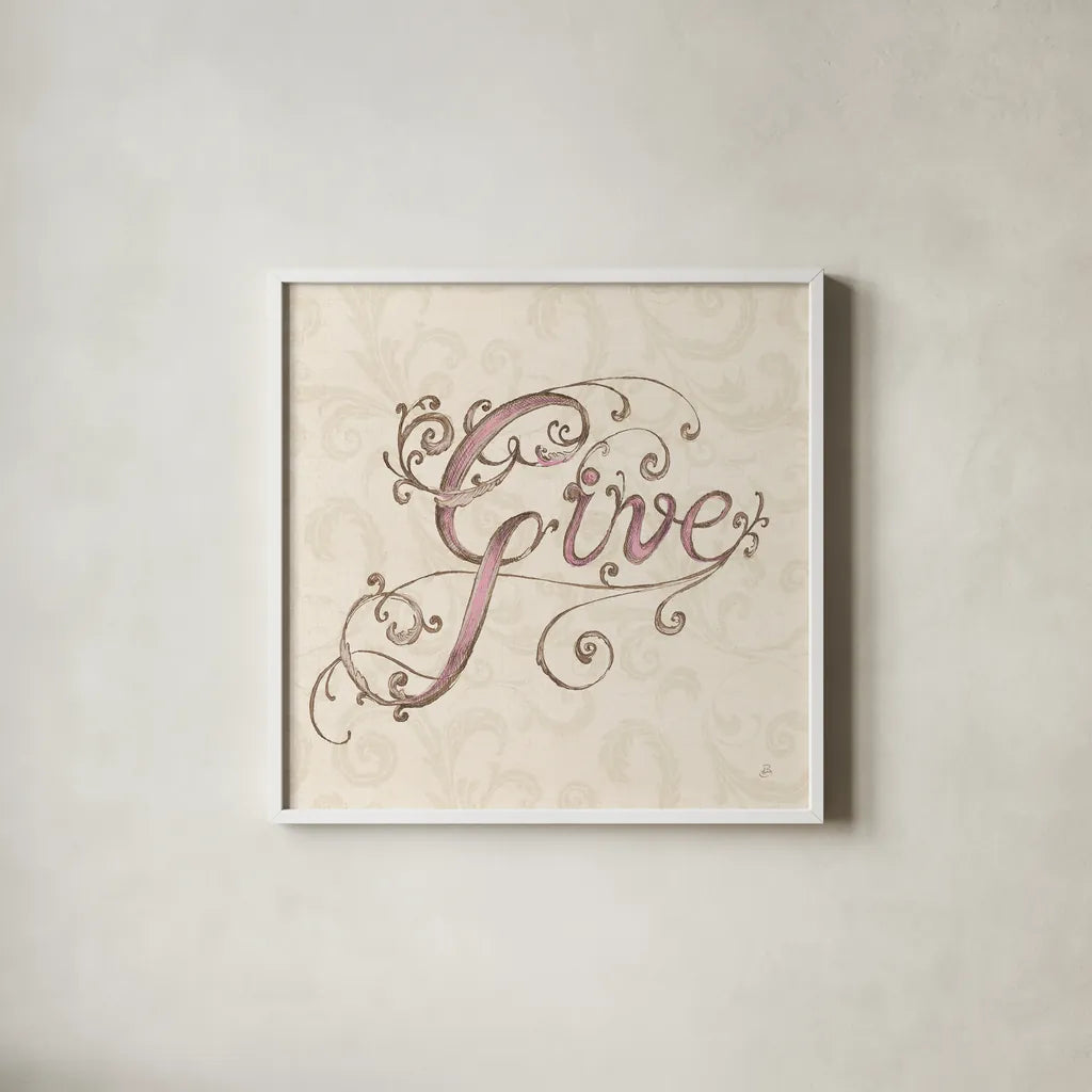 Elegant Season Give Pink by Daphne Brissonnet. Shown in a crisp white glass frame for a clean and minimalist style. Available as an archival giclee rolled canvas, fine art paper, or poster print. SKU 76414a.