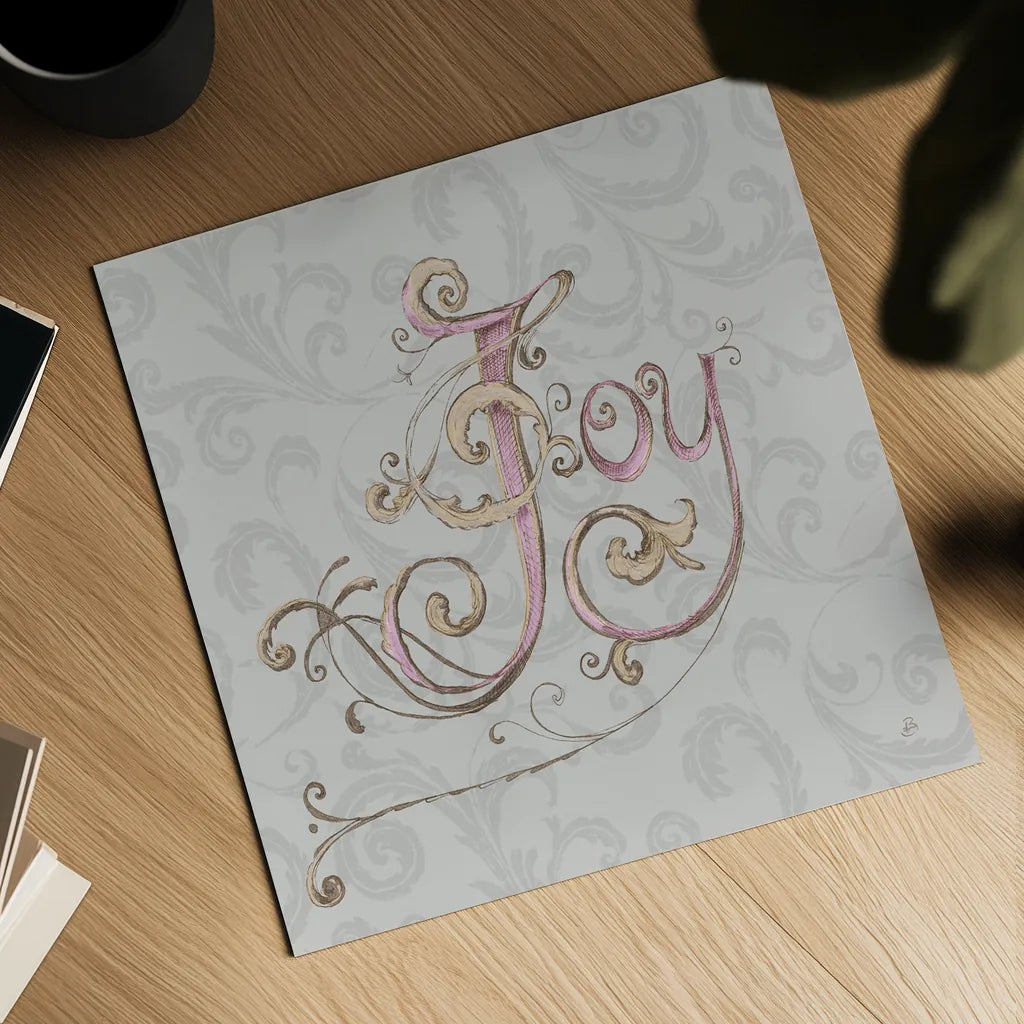 Elegant Season Joy Grey Pink by Daphne Brissonnet. Shown as a detailed flat fine art print, highlighting archival giclee quality. Available as an archival giclee rolled canvas, fine art paper, or poster print. SKU 76417a.