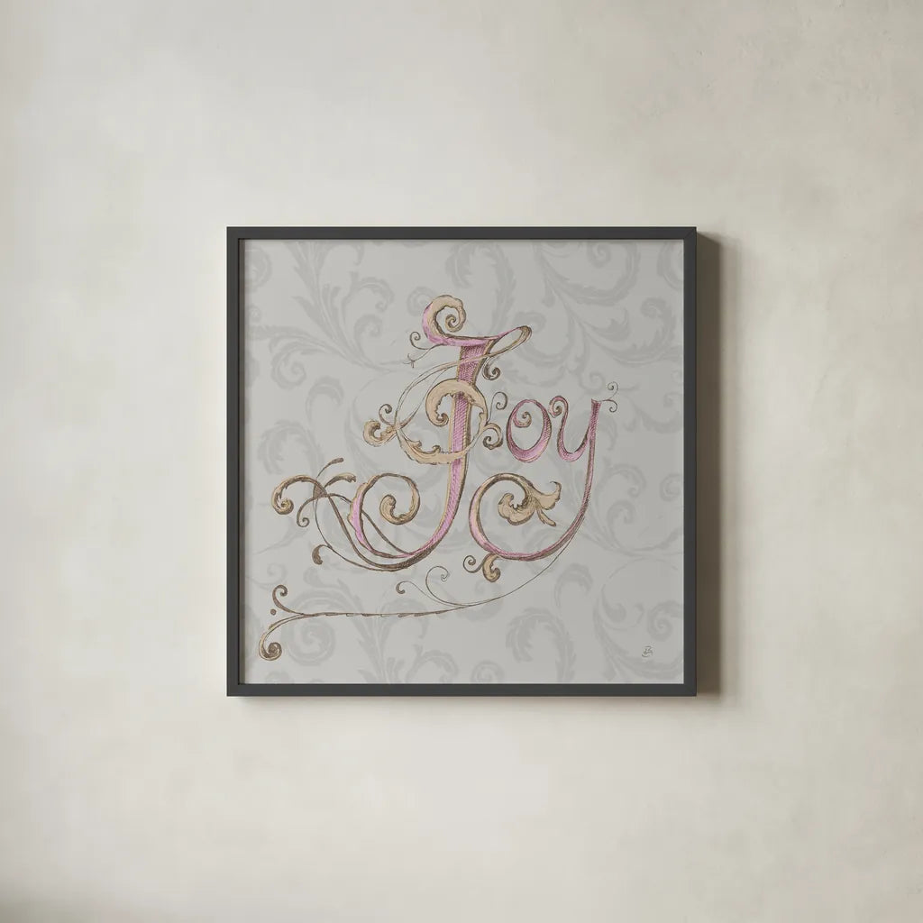 Elegant Season Joy Grey Pink by Daphne Brissonnet. Shown in a sleek black glass frame for a contemporary gallery look. Available as an archival giclee rolled canvas, fine art paper, or poster print. SKU 76417a.