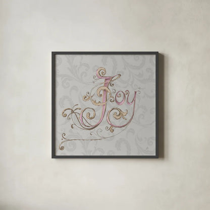 Elegant Season Joy Grey Pink by Daphne Brissonnet. Shown in a sleek black glass frame for a contemporary gallery look. Available as an archival giclee rolled canvas, fine art paper, or poster print. SKU 76417a.