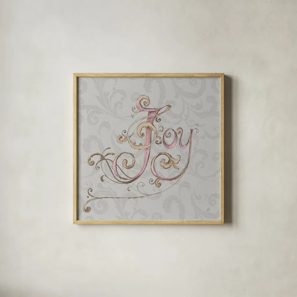 Elegant Season Joy Grey Pink by Daphne Brissonnet. Shown in a natural wood glass frame for a timeless modern aesthetic. Available as an archival giclee rolled canvas, fine art paper, or poster print. SKU 76417a.