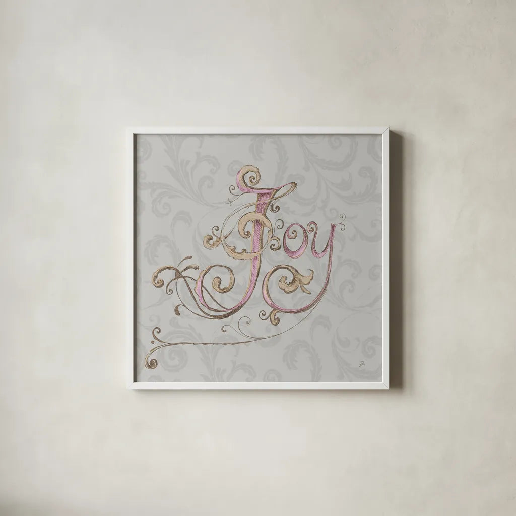 Elegant Season Joy Grey Pink by Daphne Brissonnet. Shown in a crisp white glass frame for a clean and minimalist style. Available as an archival giclee rolled canvas, fine art paper, or poster print. SKU 76417a.