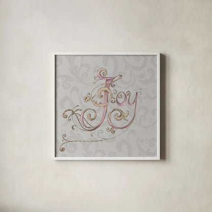 Elegant Season Joy Grey Pink by Daphne Brissonnet. Shown in a crisp white glass frame for a clean and minimalist style. Available as an archival giclee rolled canvas, fine art paper, or poster print. SKU 76417a.