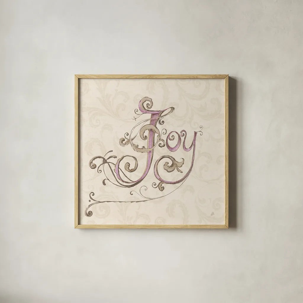 Elegant Season Joy Pink by Daphne Brissonnet. Shown in a natural wood glass frame for a timeless modern aesthetic. Available as an archival giclee rolled canvas, fine art paper, or poster print. SKU 76416a.