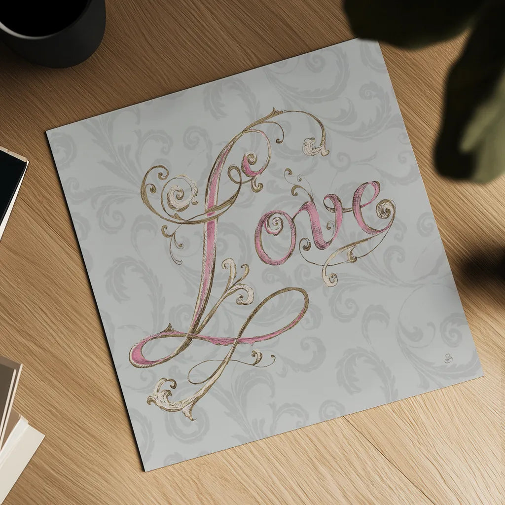 Elegant Season Love Grey Pink by Daphne Brissonnet. Shown as a detailed flat fine art print, highlighting archival giclee quality. Available as an archival giclee rolled canvas, fine art paper, or poster print. SKU 76419a.