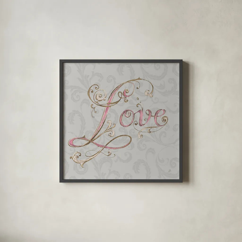 Elegant Season Love Grey Pink by Daphne Brissonnet. Shown in a sleek black glass frame for a contemporary gallery look. Available as an archival giclee rolled canvas, fine art paper, or poster print. SKU 76419a.