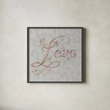 Elegant Season Love Grey Pink by Daphne Brissonnet. Shown in a sleek black glass frame for a contemporary gallery look. Available as an archival giclee rolled canvas, fine art paper, or poster print. SKU 76419a.