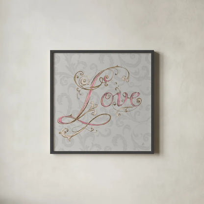 Elegant Season Love Grey Pink by Daphne Brissonnet. Shown in a sleek black glass frame for a contemporary gallery look. Available as an archival giclee rolled canvas, fine art paper, or poster print. SKU 76419a.