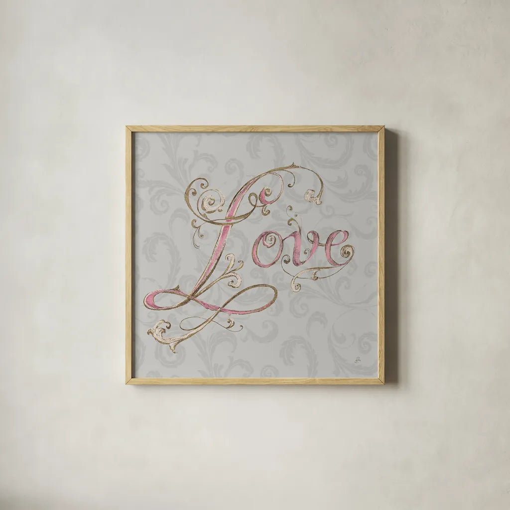 Elegant Season Love Grey Pink by Daphne Brissonnet. Shown in a natural wood glass frame for a timeless modern aesthetic. Available as an archival giclee rolled canvas, fine art paper, or poster print. SKU 76419a.