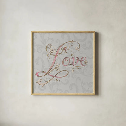 Elegant Season Love Grey Pink by Daphne Brissonnet. Shown in a natural wood glass frame for a timeless modern aesthetic. Available as an archival giclee rolled canvas, fine art paper, or poster print. SKU 76419a.