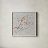 Elegant Season Love Grey Pink by Daphne Brissonnet. Shown in a crisp white glass frame for a clean and minimalist style. Available as an archival giclee rolled canvas, fine art paper, or poster print. SKU 76419a.