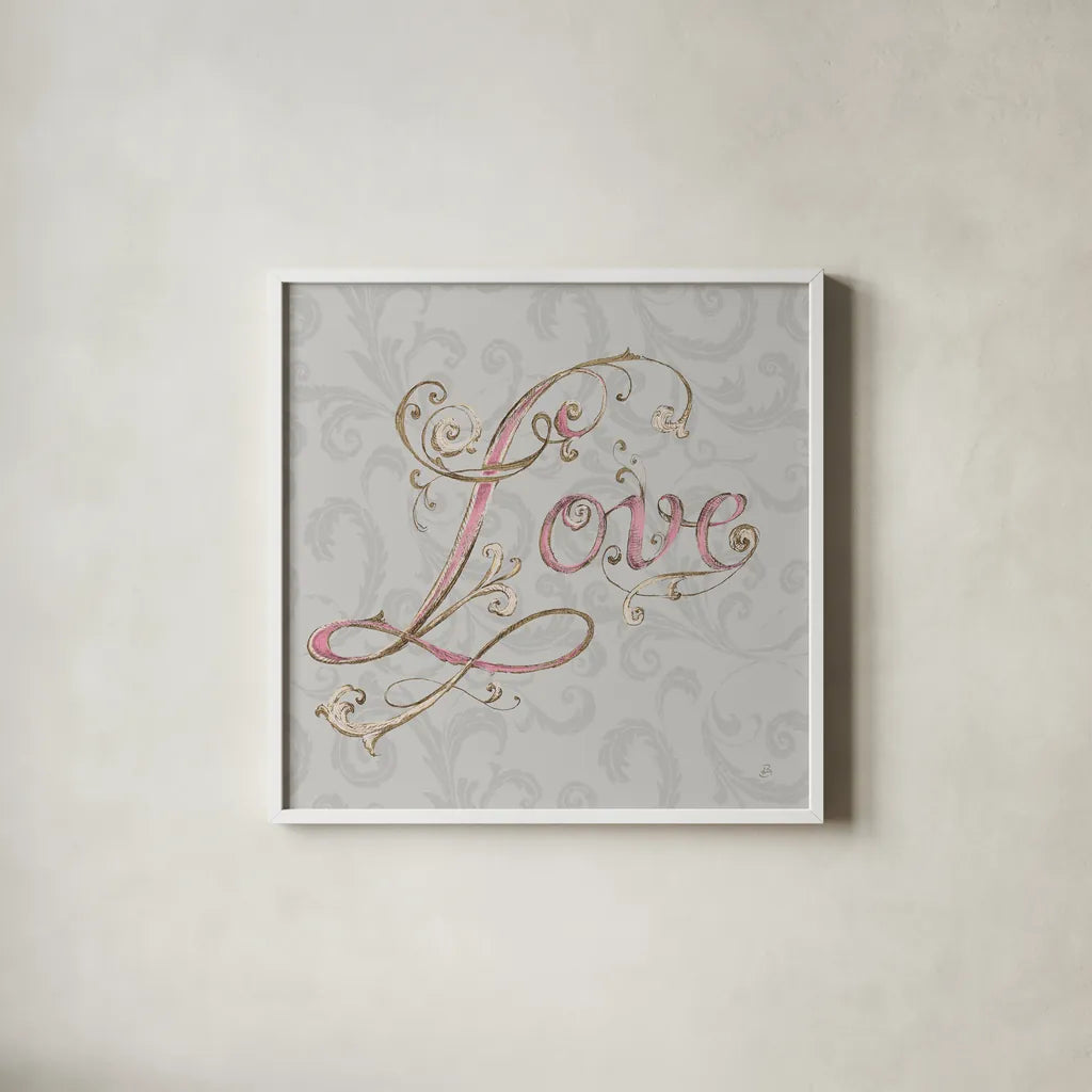 Elegant Season Love Grey Pink by Daphne Brissonnet. Shown in a crisp white glass frame for a clean and minimalist style. Available as an archival giclee rolled canvas, fine art paper, or poster print. SKU 76419a.