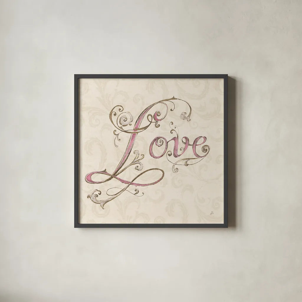 Elegant Season Love Pink by Daphne Brissonnet. Shown in a sleek black glass frame for a contemporary gallery look. Available as an archival giclee rolled canvas, fine art paper, or poster print. SKU 76418a.