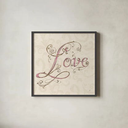 Elegant Season Love Pink by Daphne Brissonnet. Shown in a sleek black glass frame for a contemporary gallery look. Available as an archival giclee rolled canvas, fine art paper, or poster print. SKU 76418a.