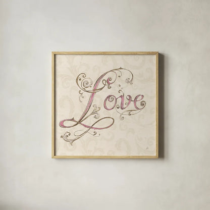 Elegant Season Love Pink by Daphne Brissonnet. Shown in a natural wood glass frame for a timeless modern aesthetic. Available as an archival giclee rolled canvas, fine art paper, or poster print. SKU 76418a.