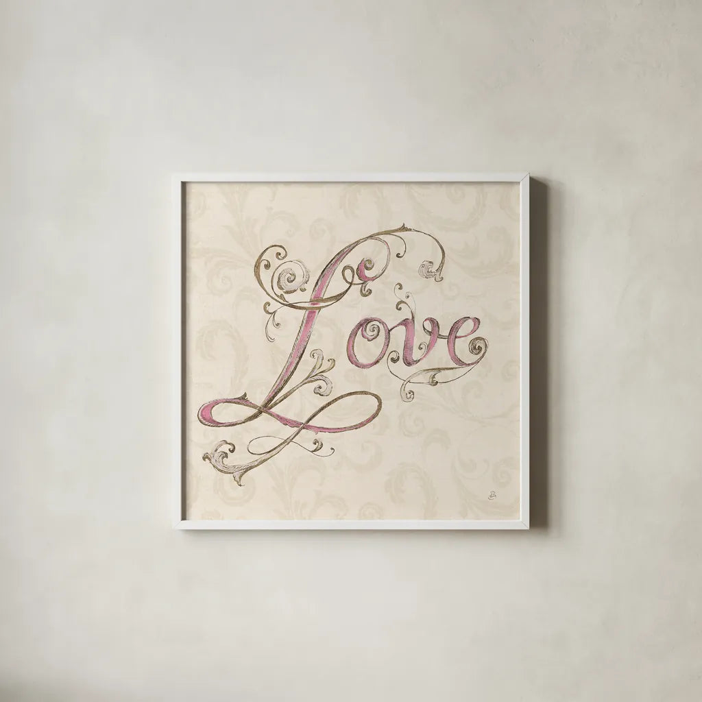 Elegant Season Love Pink by Daphne Brissonnet. Shown in a crisp white glass frame for a clean and minimalist style. Available as an archival giclee rolled canvas, fine art paper, or poster print. SKU 76418a.