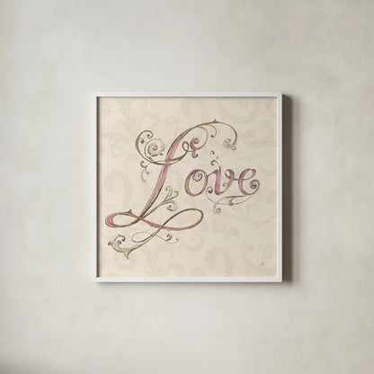 Elegant Season Love Pink by Daphne Brissonnet. Shown in a crisp white glass frame for a clean and minimalist style. Available as an archival giclee rolled canvas, fine art paper, or poster print. SKU 76418a.