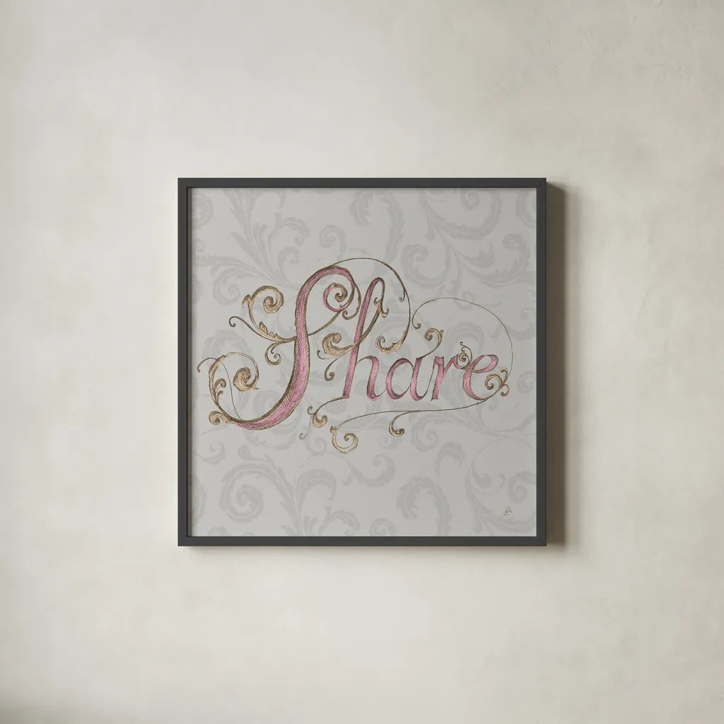 Elegant Season Share Grey Pink by Daphne Brissonnet. Shown in a sleek black glass frame for a contemporary gallery look. Available as an archival giclee rolled canvas, fine art paper, or poster print. SKU 76421a.