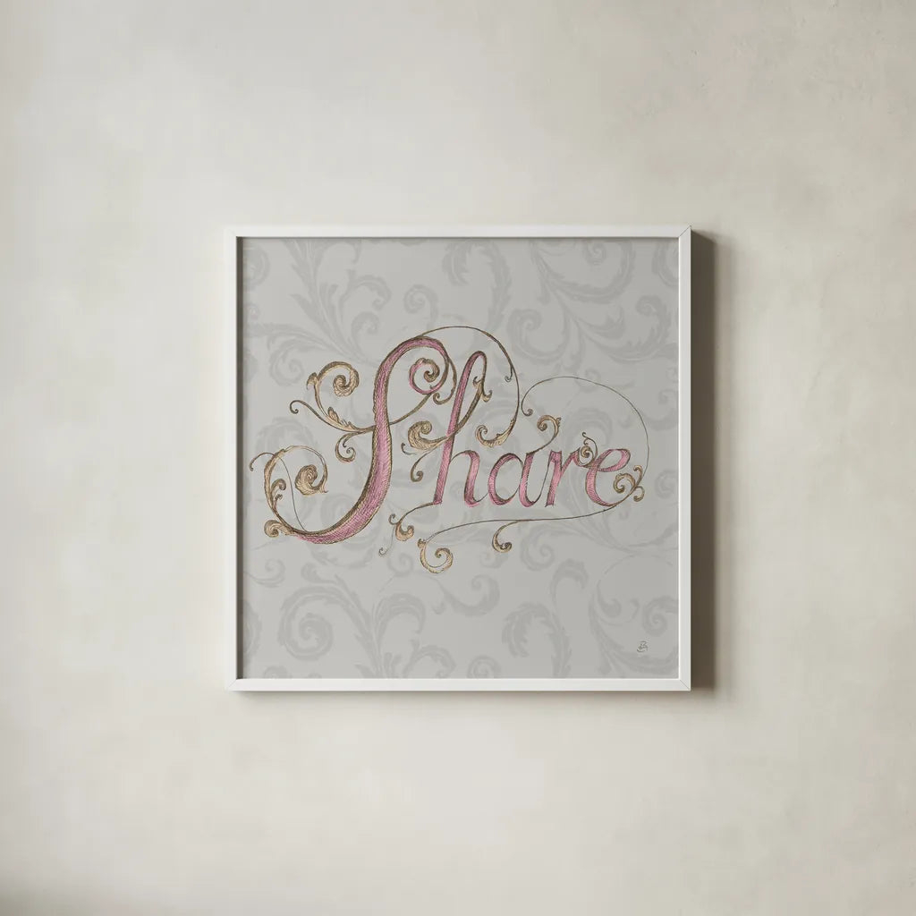 Elegant Season Share Grey Pink by Daphne Brissonnet. Shown in a crisp white glass frame for a clean and minimalist style. Available as an archival giclee rolled canvas, fine art paper, or poster print. SKU 76421a.