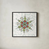Elegant Season Snowflake I Green by Daphne Brissonnet. Shown in a sleek black glass frame for a contemporary gallery look. Available as an archival giclee rolled canvas, fine art paper, or poster print. SKU 82777a.