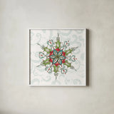 Elegant Season Snowflake I Green by Daphne Brissonnet. Shown in a crisp white glass frame for a clean and minimalist style. Available as an archival giclee rolled canvas, fine art paper, or poster print. SKU 82777a.
