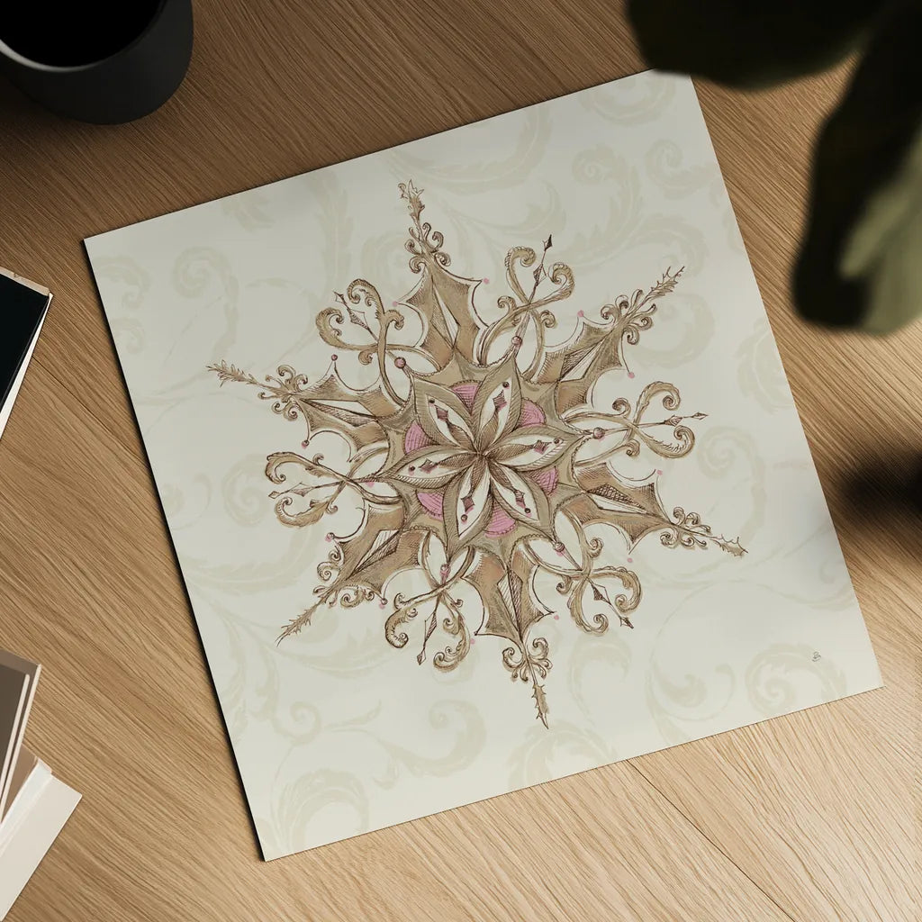 Elegant Season Snowflake I Pink by Daphne Brissonnet. Shown as a detailed flat fine art print, highlighting archival giclee quality. Available as an archival giclee rolled canvas, fine art paper, or poster print. SKU 76410a.