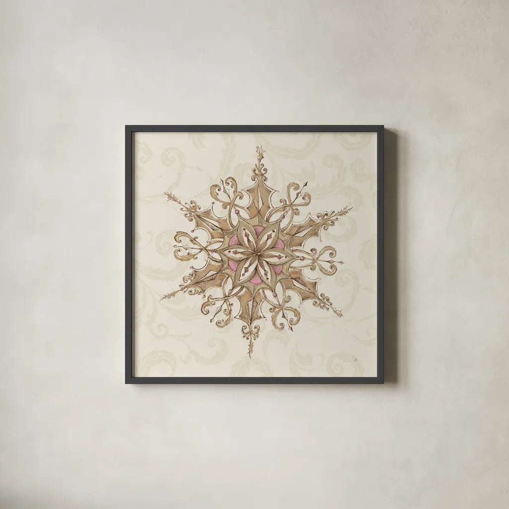 Elegant Season Snowflake I Pink by Daphne Brissonnet. Shown in a sleek black glass frame for a contemporary gallery look. Available as an archival giclee rolled canvas, fine art paper, or poster print. SKU 76410a.