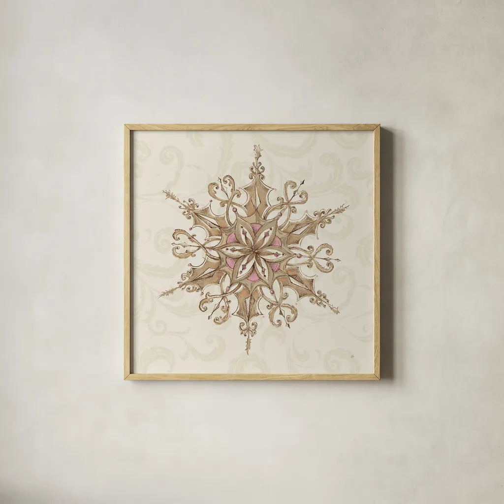 Elegant Season Snowflake I Pink by Daphne Brissonnet. Shown in a natural wood glass frame for a timeless modern aesthetic. Available as an archival giclee rolled canvas, fine art paper, or poster print. SKU 76410a.