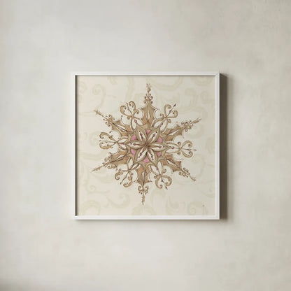 Elegant Season Snowflake I Pink by Daphne Brissonnet. Shown in a crisp white glass frame for a clean and minimalist style. Available as an archival giclee rolled canvas, fine art paper, or poster print. SKU 76410a.