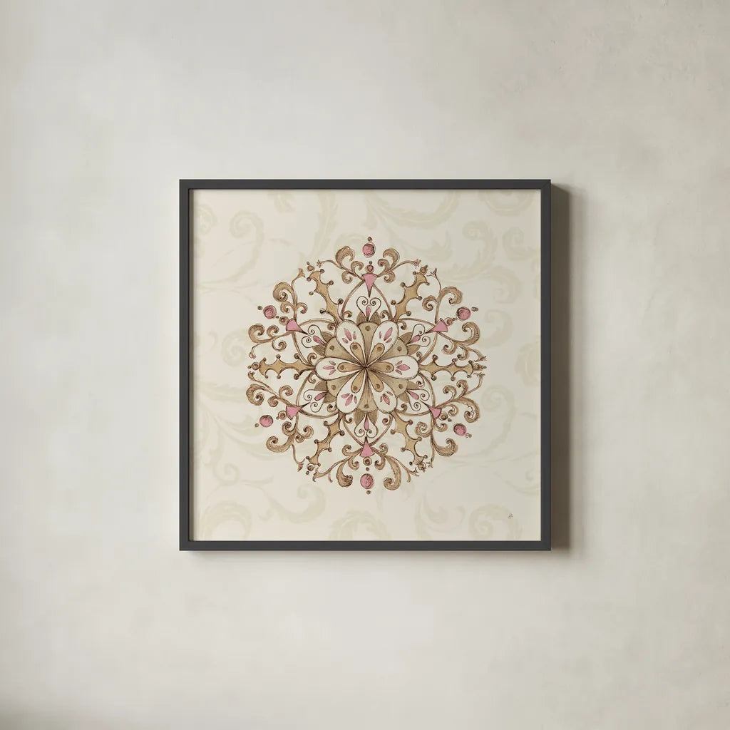 Elegant Season Snowflake III Pink by Daphne Brissonnet. Shown in a sleek black glass frame for a contemporary gallery look. Available as an archival giclee rolled canvas, fine art paper, or poster print. SKU 76412a.