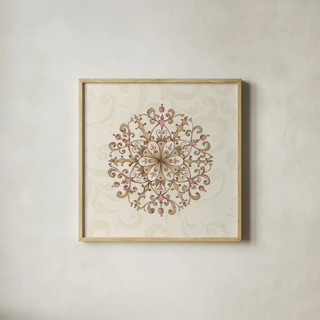 Elegant Season Snowflake III Pink by Daphne Brissonnet. Shown in a natural wood glass frame for a timeless modern aesthetic. Available as an archival giclee rolled canvas, fine art paper, or poster print. SKU 76412a.