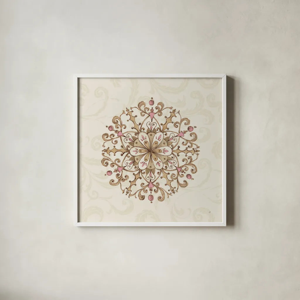 Elegant Season Snowflake III Pink by Daphne Brissonnet. Shown in a crisp white glass frame for a clean and minimalist style. Available as an archival giclee rolled canvas, fine art paper, or poster print. SKU 76412a.