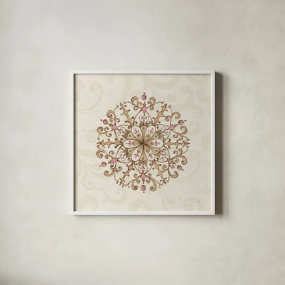 Elegant Season Snowflake III Pink by Daphne Brissonnet. Shown in a crisp white glass frame for a clean and minimalist style. Available as an archival giclee rolled canvas, fine art paper, or poster print. SKU 76412a.