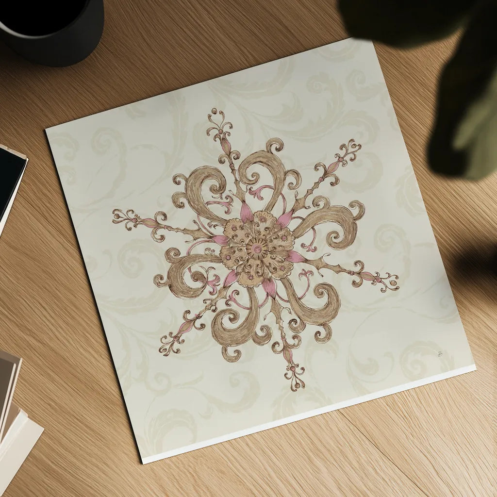 Elegant Season Snowflake IV Pink by Daphne Brissonnet. Shown as a detailed flat fine art print, highlighting archival giclee quality. Available as an archival giclee rolled canvas, fine art paper, or poster print. SKU 76413a.