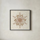 Elegant Season Snowflake IV Pink by Daphne Brissonnet. Shown in a sleek black glass frame for a contemporary gallery look. Available as an archival giclee rolled canvas, fine art paper, or poster print. SKU 76413a.