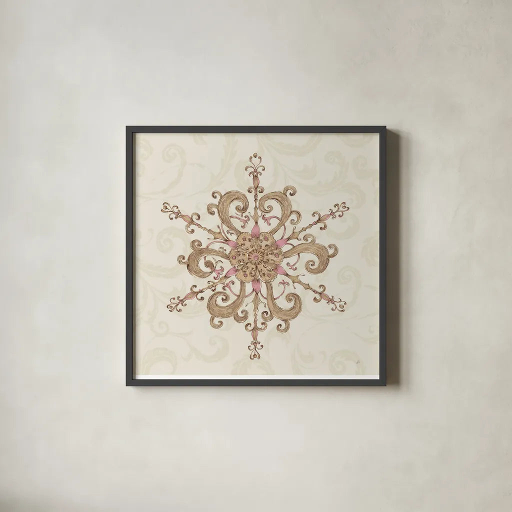 Elegant Season Snowflake IV Pink by Daphne Brissonnet. Shown in a sleek black glass frame for a contemporary gallery look. Available as an archival giclee rolled canvas, fine art paper, or poster print. SKU 76413a.