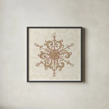 Elegant Season Snowflake IV Pink by Daphne Brissonnet. Shown in a sleek black glass frame for a contemporary gallery look. Available as an archival giclee rolled canvas, fine art paper, or poster print. SKU 76413a.