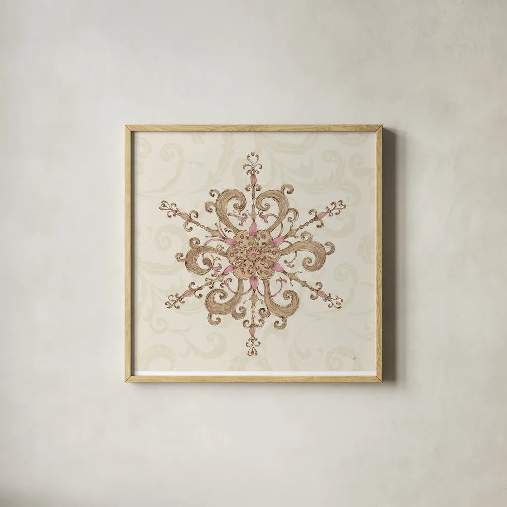 Elegant Season Snowflake IV Pink by Daphne Brissonnet. Shown in a natural wood glass frame for a timeless modern aesthetic. Available as an archival giclee rolled canvas, fine art paper, or poster print. SKU 76413a.