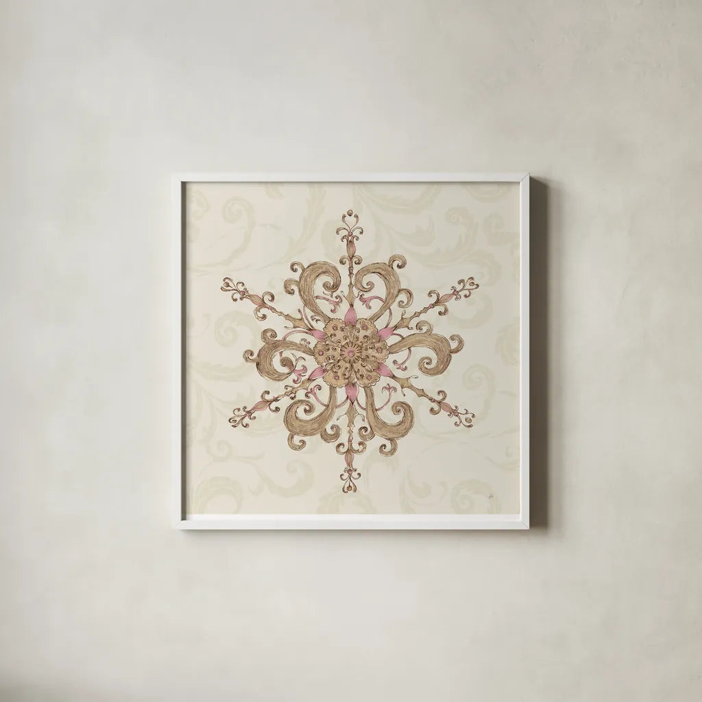 Elegant Season Snowflake IV Pink by Daphne Brissonnet. Shown in a crisp white glass frame for a clean and minimalist style. Available as an archival giclee rolled canvas, fine art paper, or poster print. SKU 76413a.