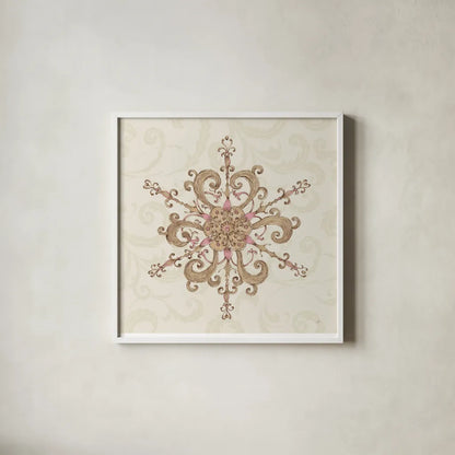 Elegant Season Snowflake IV Pink by Daphne Brissonnet. Shown in a crisp white glass frame for a clean and minimalist style. Available as an archival giclee rolled canvas, fine art paper, or poster print. SKU 76413a.