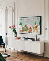 Elf Factory I by Daphne Brissonnet. shown as a framed stretched canvas in a living room above a console. Available as a archival giclee rolled canvas, fine art paper, or poster print. SKU 58518i.